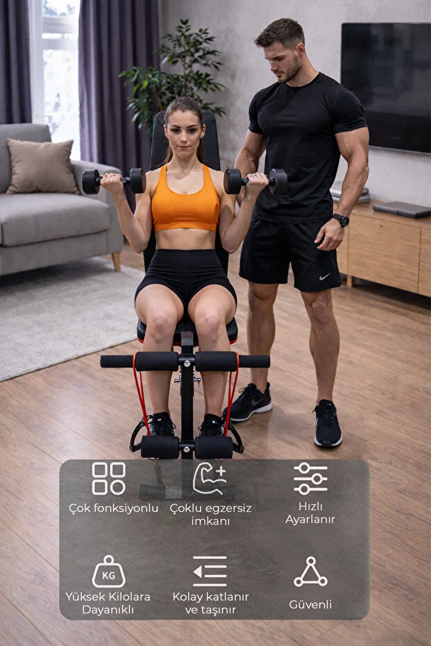 Ev Tipi Çok Fonksiyonlu Dambıl Bench Press ve Mekik Sehpası Antrenman Aleti Direnç Lastiği Hediye